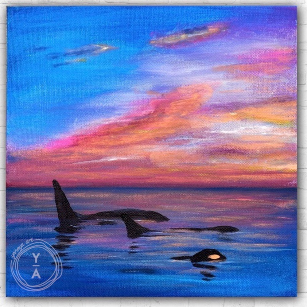 sunset on Alaska ocean & whales Original acrylic painting signed by the artist